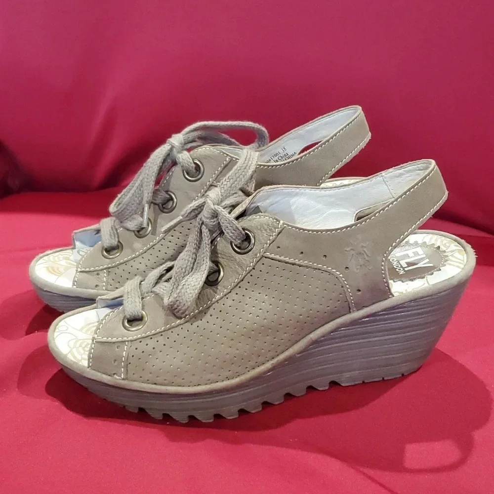 Fly London taupe leather lace up wedge peep toe shoes